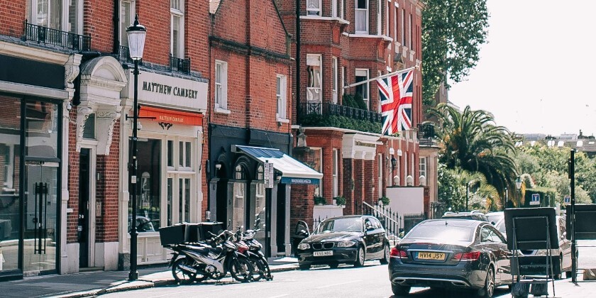 Sunny street view of Hatton Garden jewellery district in central London