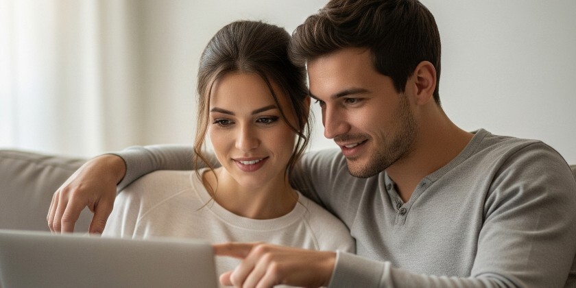 A couple looking at a computer screen 