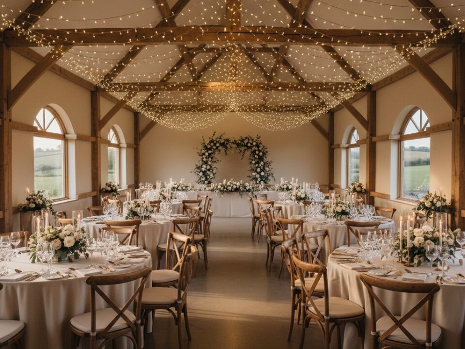 A gemini generated image of a modern barn wedding venue set for a wedding reception