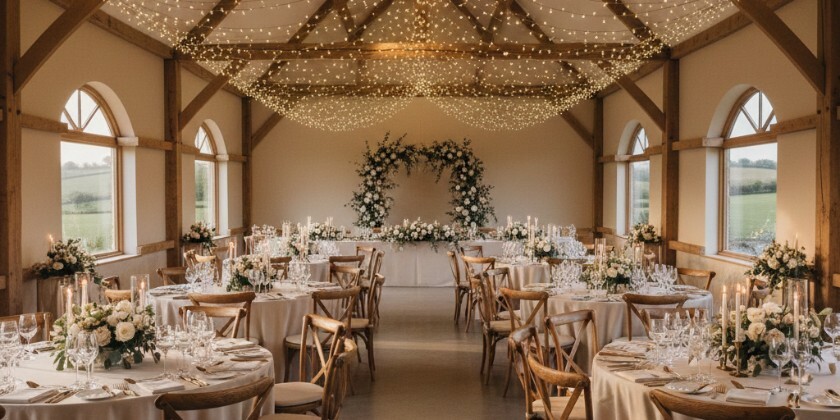 A gemini generated image of a modern barn wedding venue set for a wedding reception