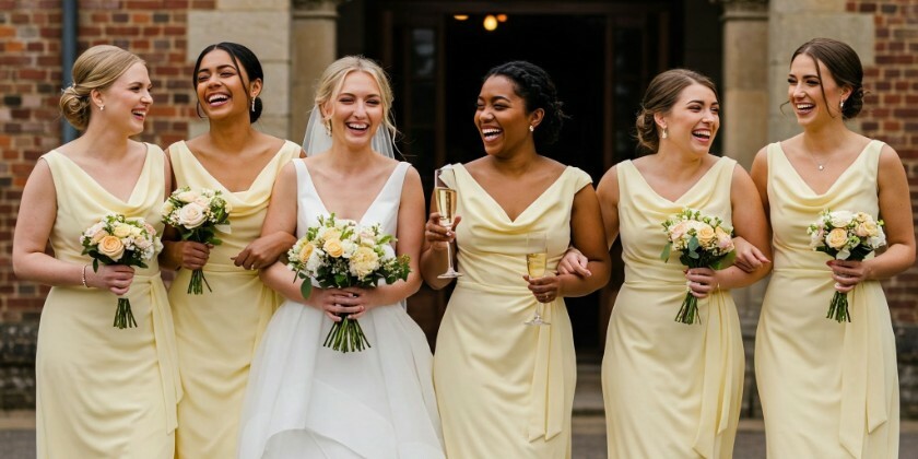 Bridesmaids in pastel yellow dresses walking with the bride. One holds champagne for the bride and the others hold bouquets