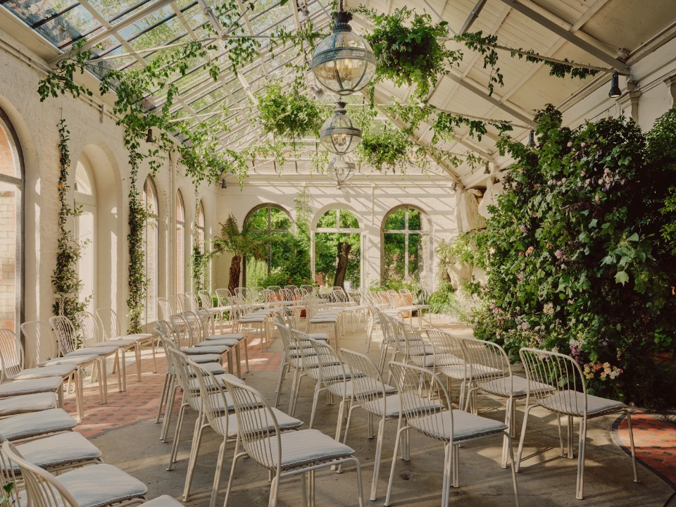 Botanical Glasshouse wedding ceremony space at Duke’s Yard at Ashridge House with tropical greenery and natural light