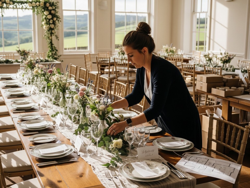 Wedding planner setting table for a wedding