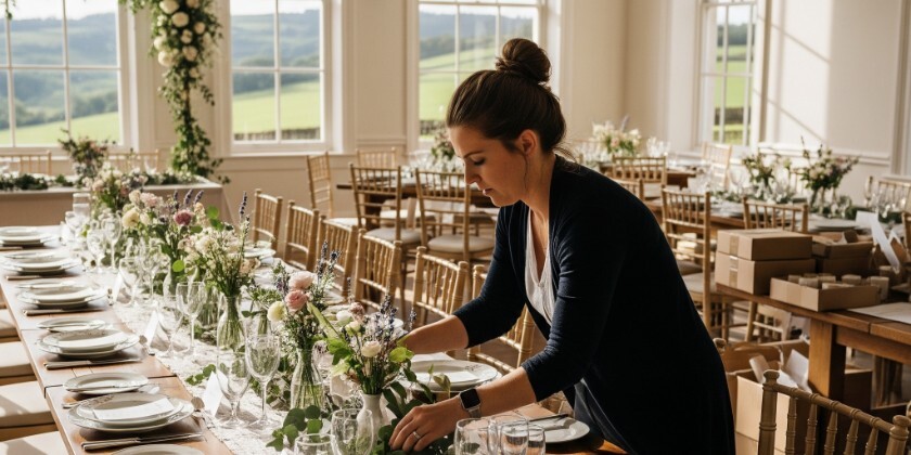 Wedding planner setting table for a wedding