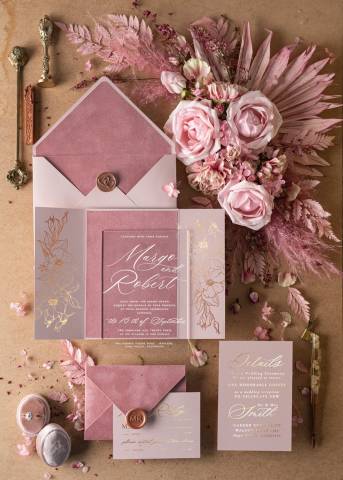Margo and Bees Blush Pink Velvet Invitations Clear Acrylic Invitations