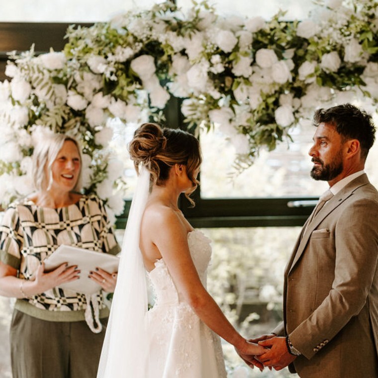 Helen Fenton celebrant with bride and groom