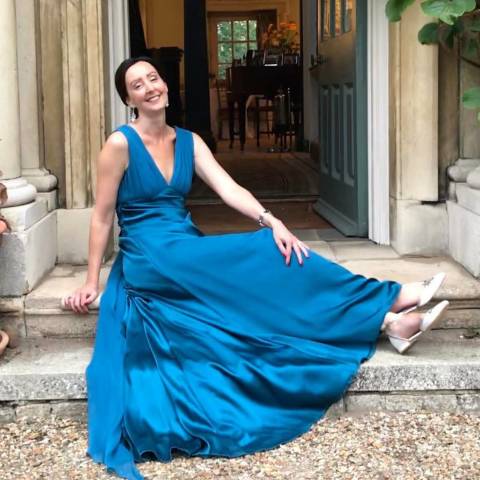 Blue satin bespoke wedding dress by Rachel Lamb Design in Cambridgeshire