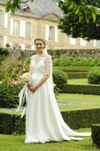 Bespoke silk satin and lace wedding dress by Rachel Lamb Design designer and dressmaker near Ely in Cambridgeshire