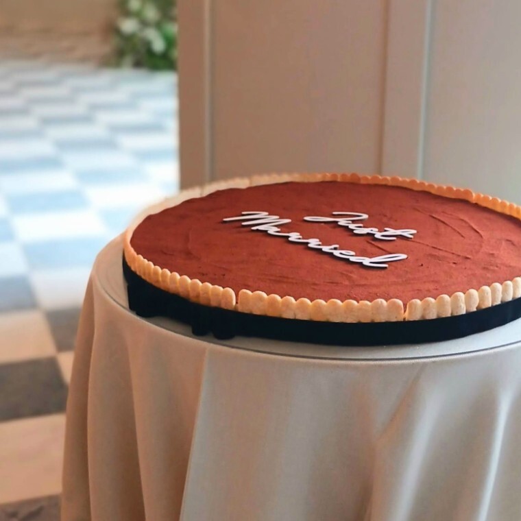 80cm giant single tier elegant tiramisu wedding cake in posh country manor house wedding venue