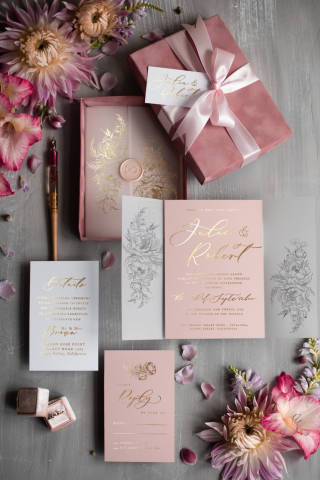 Margo and Bees Velvet Boxed Gold Wedding Invitations Blush Pink Bow