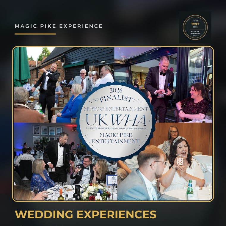 An image showing Jason Magic Pike performing at weddings with his UKWHA finalist badge