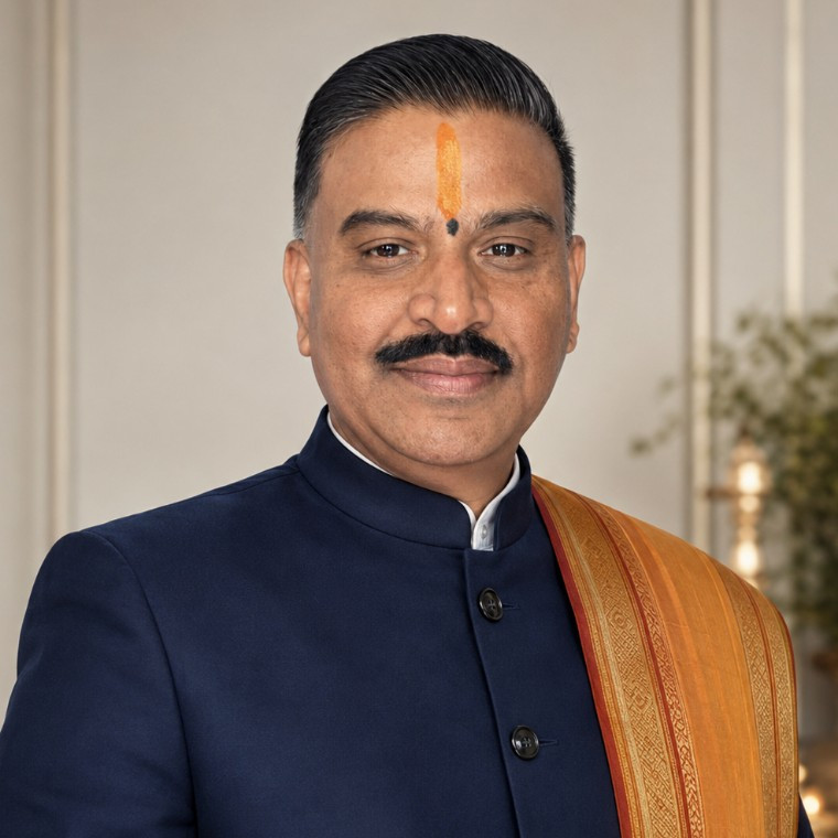 Portrait of Hindu Priest Shastri Ji Manishbhai Pandya wearing a navy blue coat, traditional orange ceremonial shawl over his shoulder, and a tilak on his forehead.