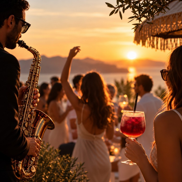 Club Sangria promotional image showing a saxophonist, dancing guests and a glass of red sangria at sunset beside the sea.