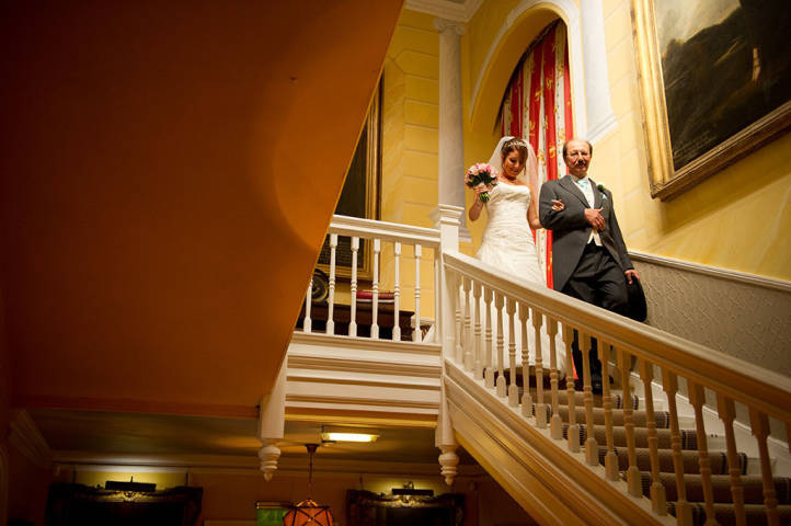 Descending the stairs at Hodsock Priory, Nottinghamshire