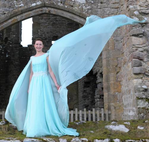 Turquoise silk chiffon bespoke wedding dress by Rachel Lamb Design bridal wear based near Ely in Cambridgeshire