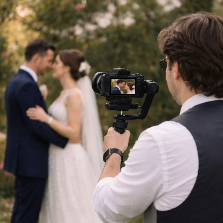 An image of Peter at Everlight Studios Cheshire Wedding Videographers filming a newly married couple