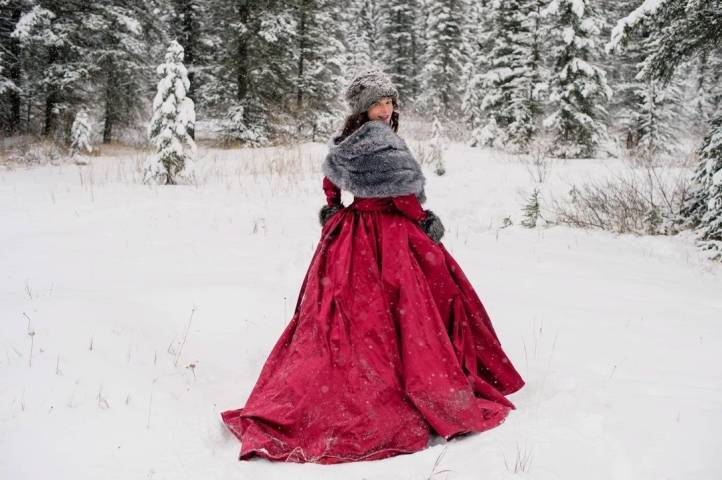 Bespoke red satin winter wedding dress by Rachel Lamb Design in Cambridgeshire