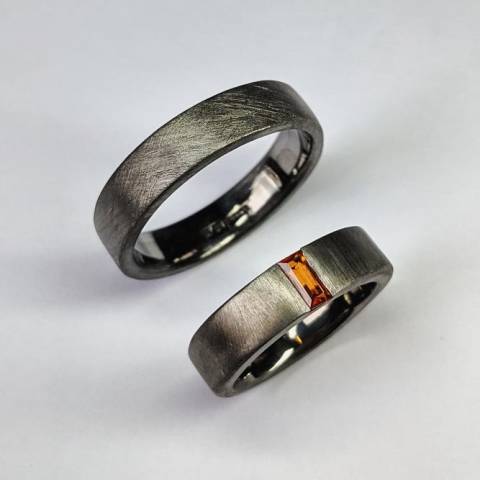 White Gold wedding rings with orange sapphire & black rhodium plating
