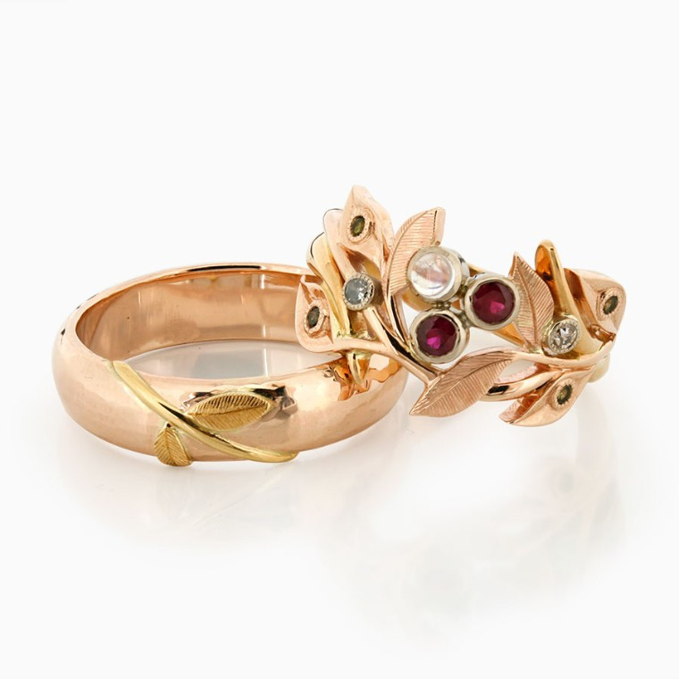 Bespoke Handmade Wedding Rings Made By The Jewellery Workshop In Diss Rose Gold With Floral Ruby Moonstone and Diamond Design