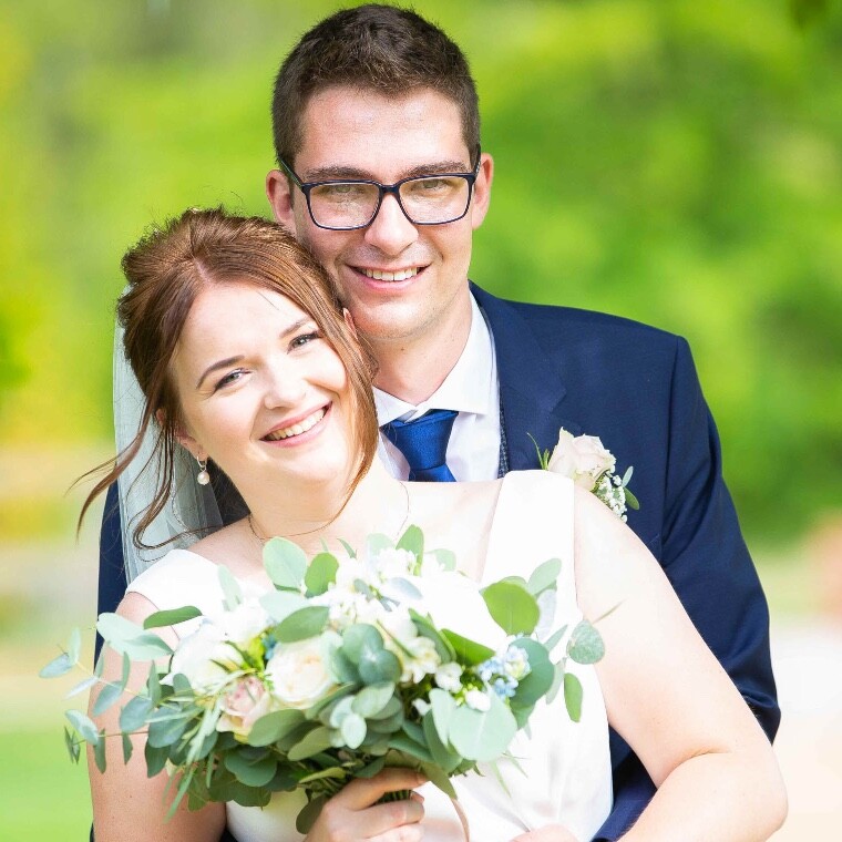 happy wedding couple close up