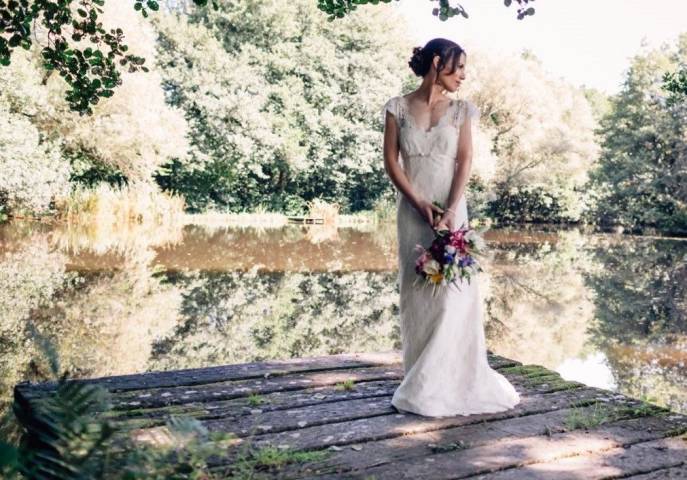 Bespoke cream lace cap sleeved wedding dress by Rachel Lamb Design, Bridal Wear in Cambridgeshire