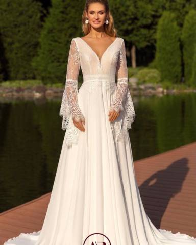 Pamela Jane Bridal Boutique Bridal Wear in Surrey. Boho long sleeved wedding dress by Italian designer Angela Bianca. by Itali