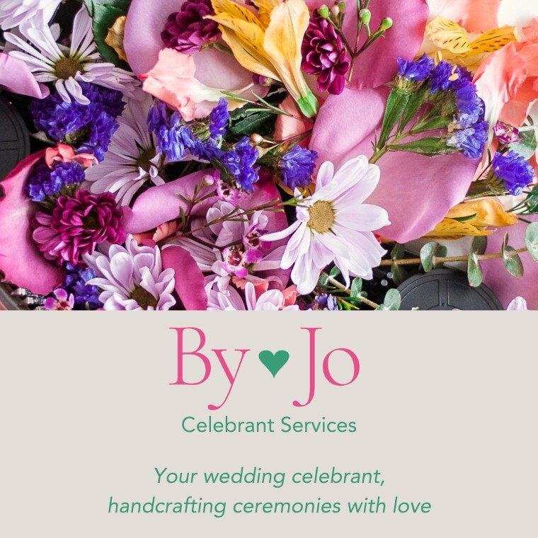 ByJo Celebrant Services Logo with flowers and words saying your wedding celebrant handcrafting ceremonies with love