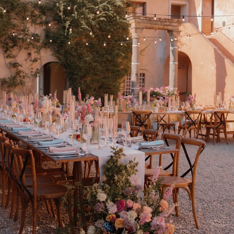 Destination wedding table set up in a Villa courtyard in Tuscany 