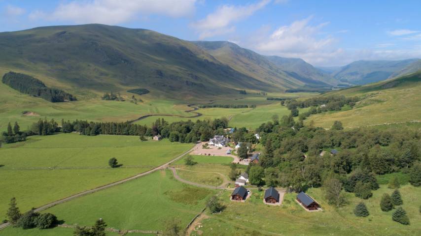 Aerial view of Glen Clova hotel and lodges in the Angus Glens