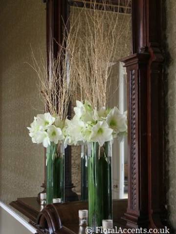 Amaryllis and tall gold birch twigs provide a striking focal point - by Floral Accents.