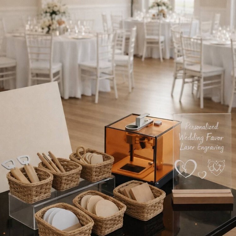 Live laser engraving wedding reception favours 