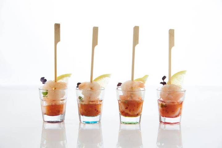 Elegant prawn canapés served in individual glasses by Portfolio Events Catering in Northamptonshire