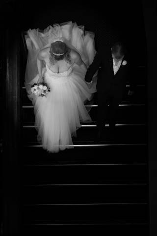 Stone Photos Wedding Photographer in Berkshire, Buckinghamshire, Surrey, Bride, Relaxed, natural, candid, Groom, Love, Couple, Portraits, Easthampstead park, stairs, black and white