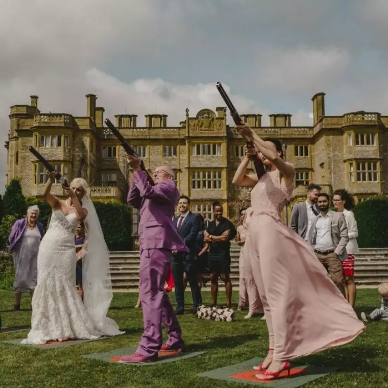 Laser Clay Pigeon Shooting fro a wedding at Eynsham Hall in Oxfordshire