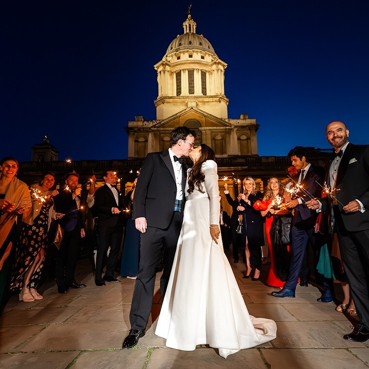 Bride and groom outside iconic London wedding venue Old Royal Naval College