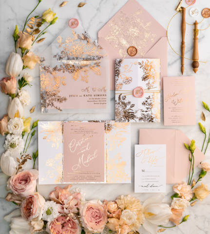 Margo and Bees Blush Pink and Gold Foil Wedding Invitations