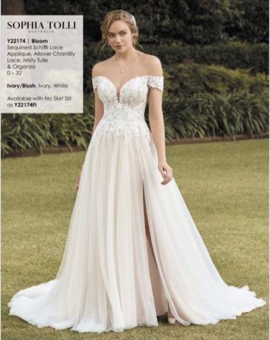 Pamela Jane Bridal Boutique Bridal Wear in Surrey. This stunning wedding dress by Sophia Tolli is my best seller with the romantic lace bardot neckline. Sophia Tolli Bloom is an extremely lightweight wedding dress so it is ideal for weddings abroad.