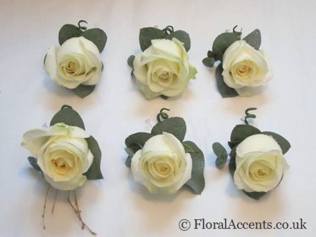 Rose & eucalyptus buttonholes - by Floral Accents.