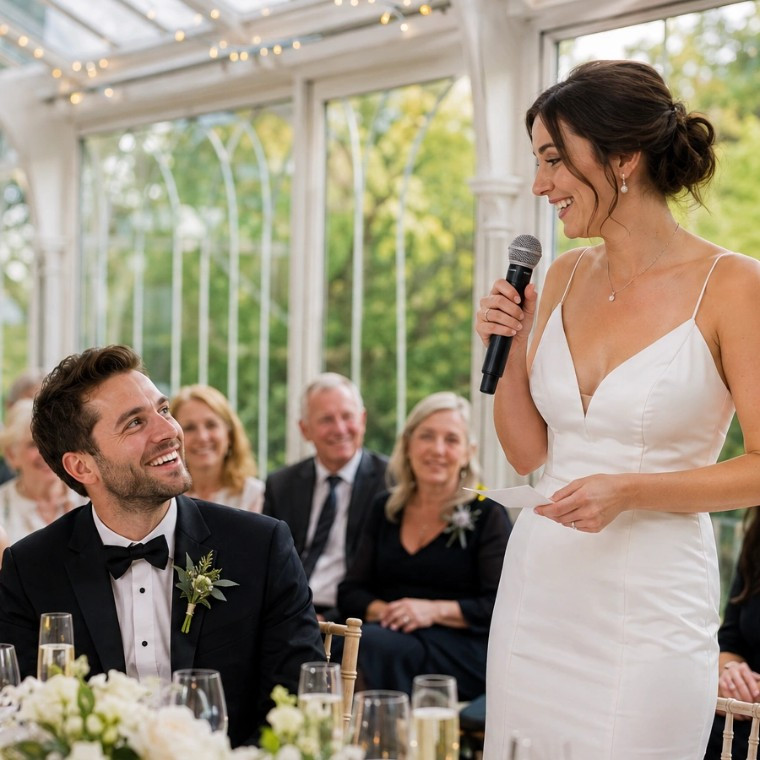 Bride giving a wedding speech with a microphone at her reception