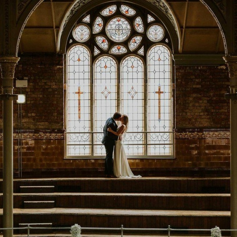 Albert Hall Wedding Couple under stained glass window