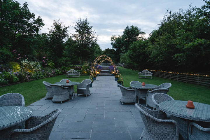 Dusk in the gardens at the Barns at Wick Farm Wedding Venue