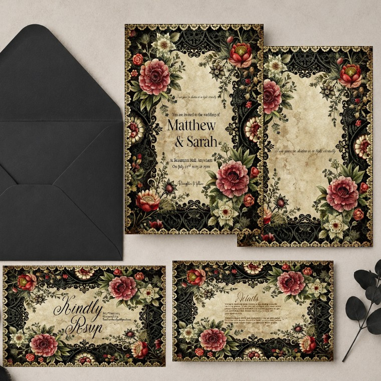 Personalised Gothic Floral wedding invitation suite by Larosier Prints