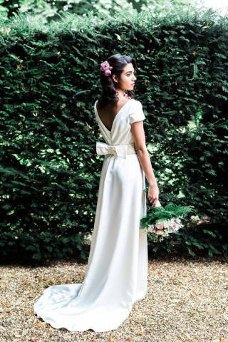 Una ivory satin cap sleeve wedding dress by Rachel Lamb Design near Ely in Cambridgeshire