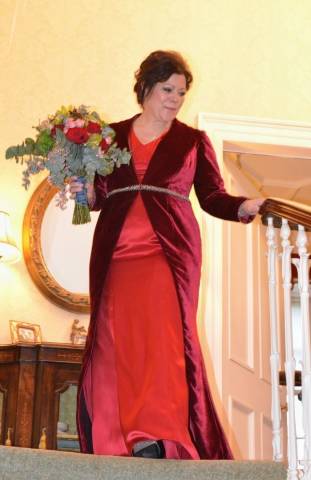 Bespoke red wedding dress and coat by Rachel Lamb Design near Ely in Cambridgeshire