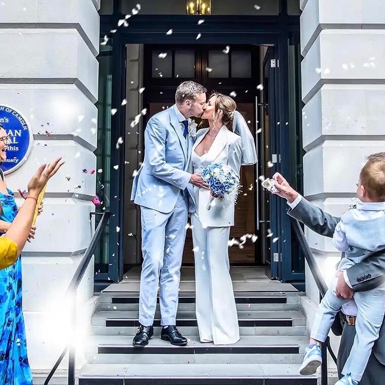 Newlyweds standing outside Camden Registry Office London