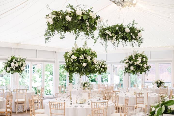 Marquee wedding breakfast with hanging floral features