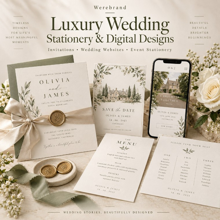 Luxury wedding stationery by Werebrand featuring custom invitations, save-the-date cards, wedding website design, menus and seating charts in an elegant neutral style.