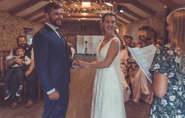 Celebrant Lisa with bride and groom at Knightor Vineyard