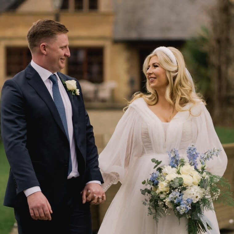 Beautiful bride and groom at pennyhill park; soft blues and whites.
