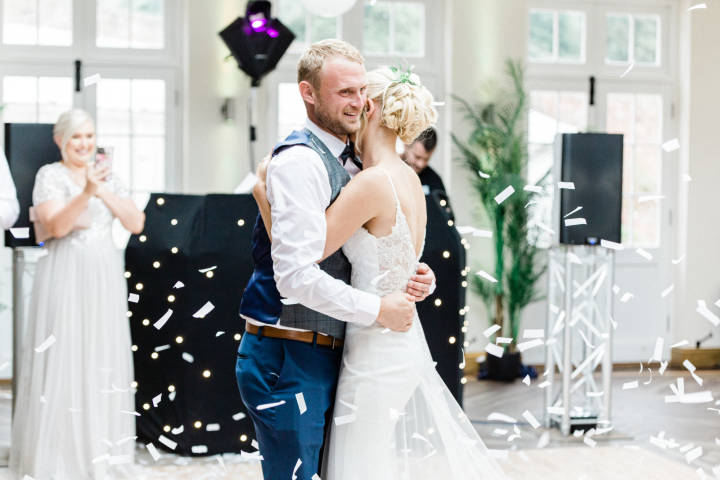Bride and groom's first dance in confetti shower at Elmhay Park, Somerset